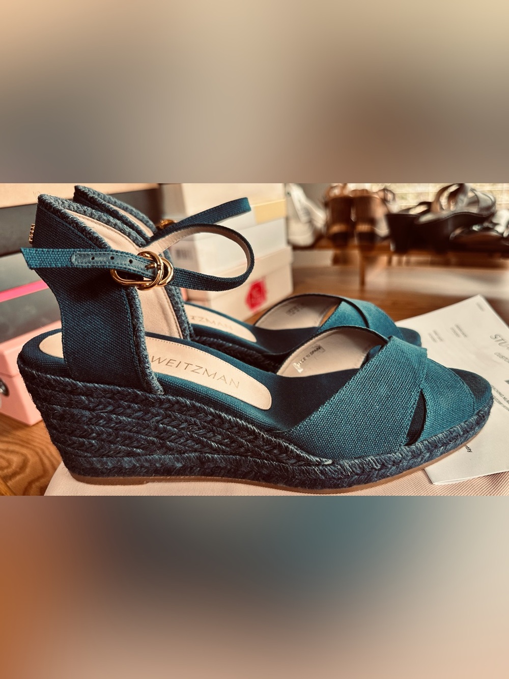 Stuart Weitzman Sapphire Blue Canvas Sandals, 3” braid covered wedge, 11.5, NIB